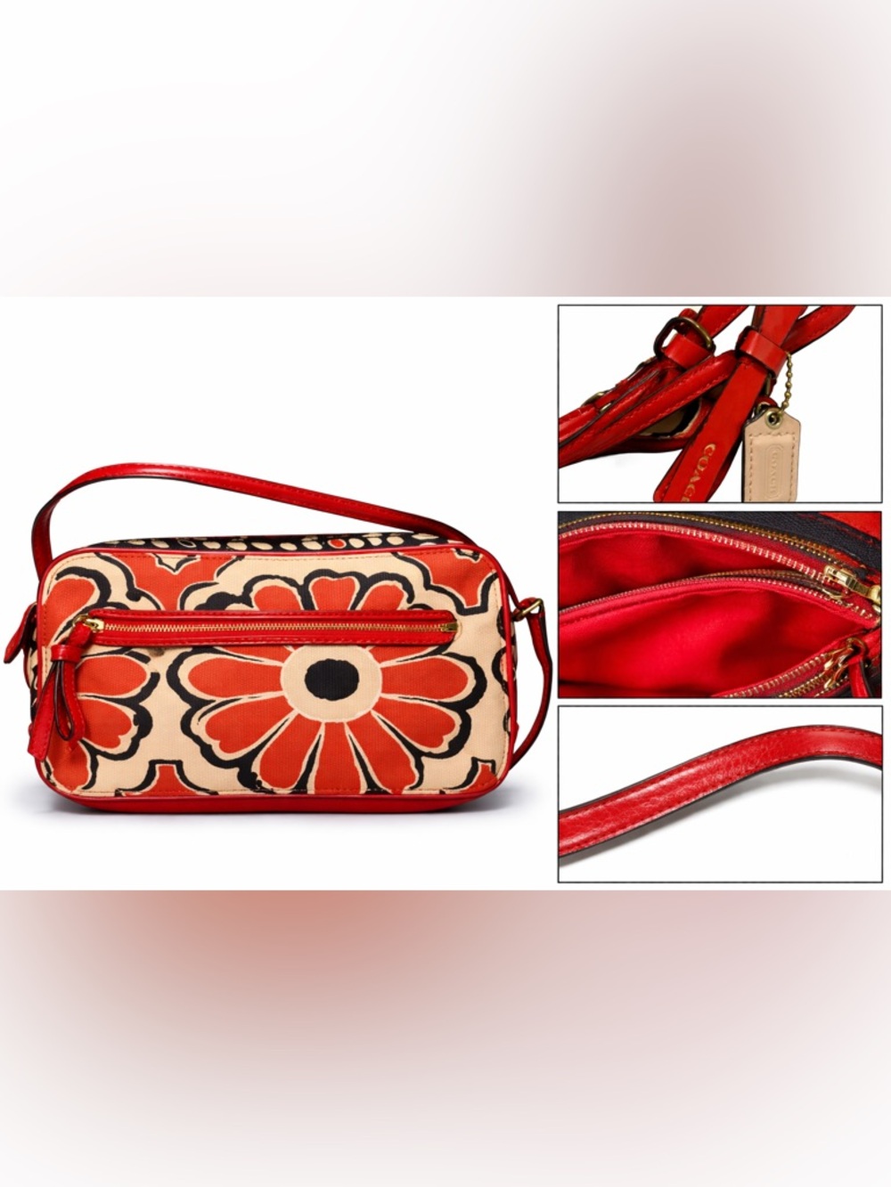 Coach Floral Canvas Leather Trim Crossbody Bag Red Multi Vintage Style Y2K